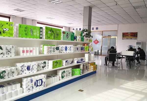 Top Source Paper showroom displaying the full virgin pulp tissue product range